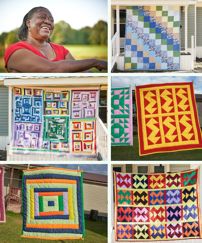 A collage of Gee's Bend quilter Doris Pettway Mosely and her quilts.