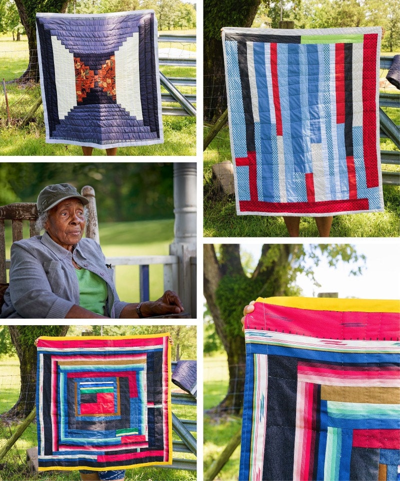 A collage of Gee's Bend quilter Mensie Lee Pettway and her quilts.