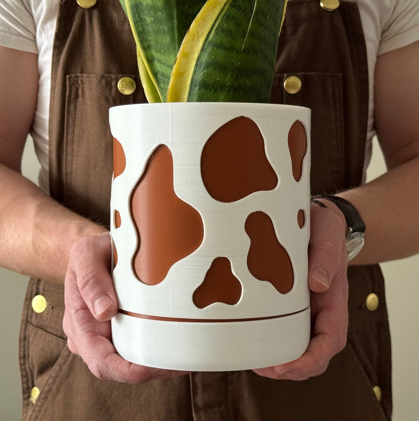 A person holding a large cow print planter pot