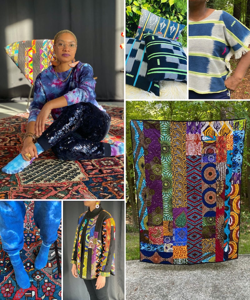 A collage of textiles from Show & Tell pictured alongside shop owner Alyah Baker