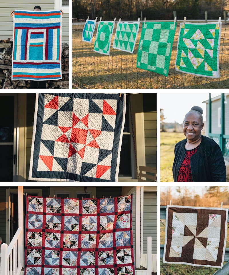 A collage of Gee's Bend quilter Doris Pettway Hacketts and her quilts.