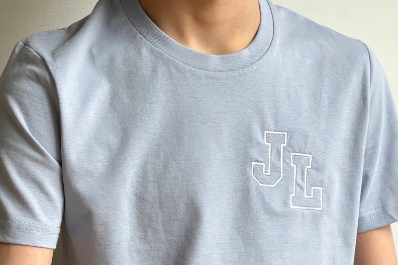 Initials embroidered t-shirt from Etsy seller beigeandbluestore