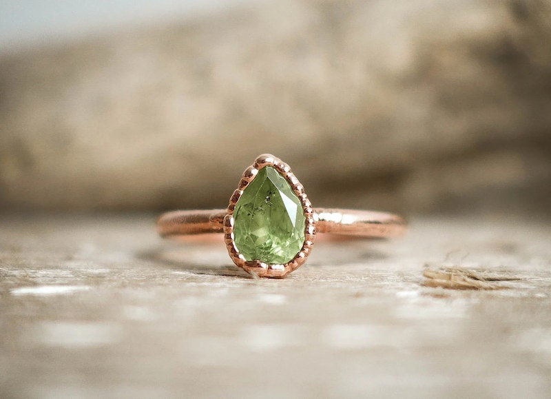 August birthstone Peridot drop copper ring