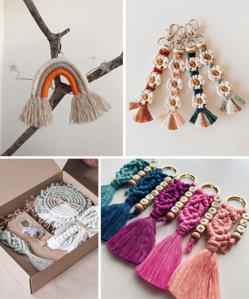 A collage of macrame keychains available on Etsy. A collage of macrame keychains available on Etsy.