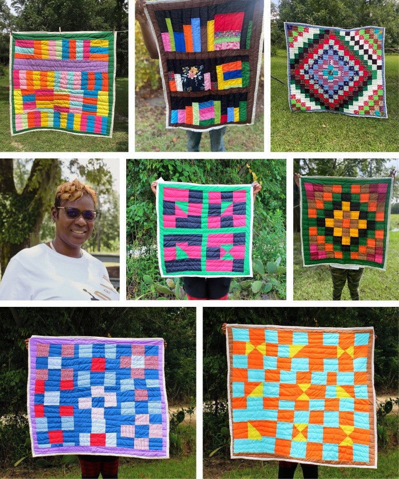 A collage of Gee's Bend quilter Cassandra Ann Pettway and her quilts.