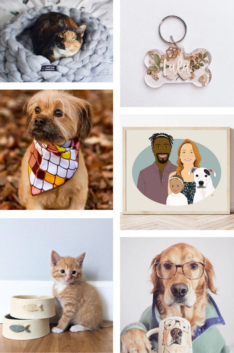 Collage of six additional pet presents from Etsy
