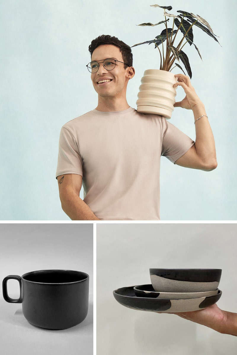 Victor Serrano of New York Handcrafted; matte black mug; gray and black dinnerware set