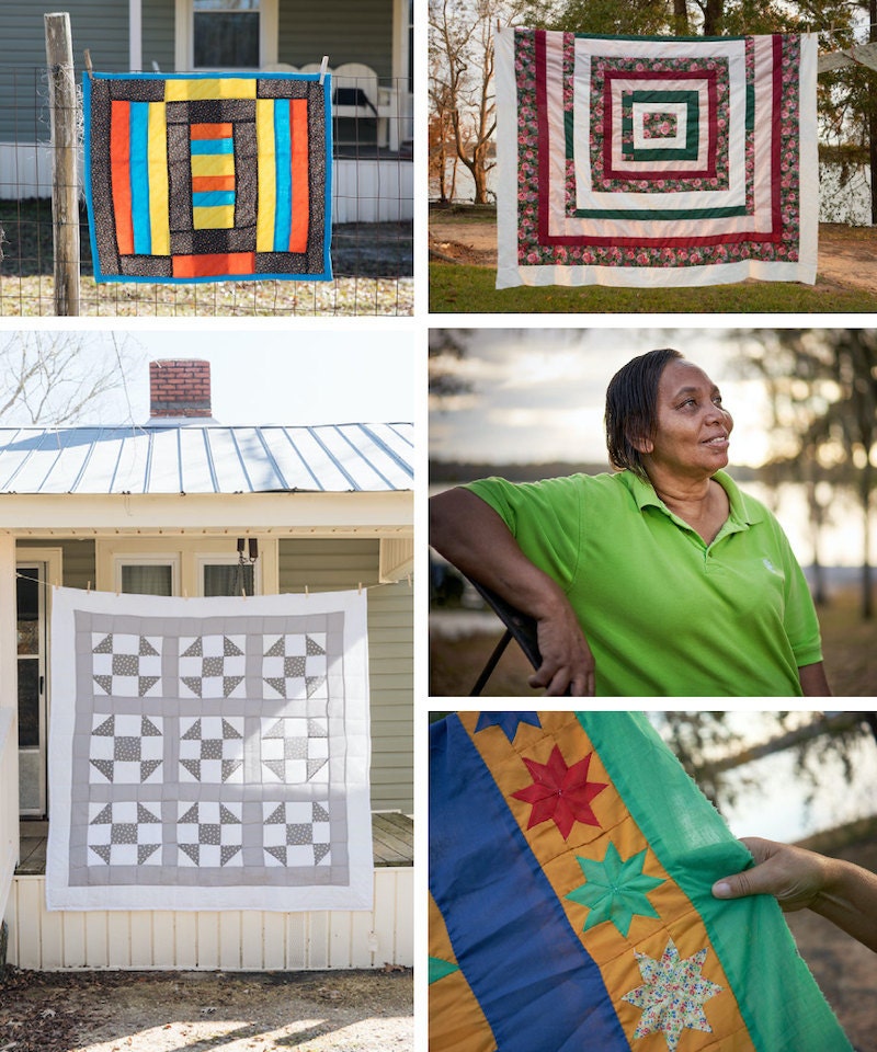 A collage of Gee's Bend quilter Emma Mooney Pettway and her quilts.