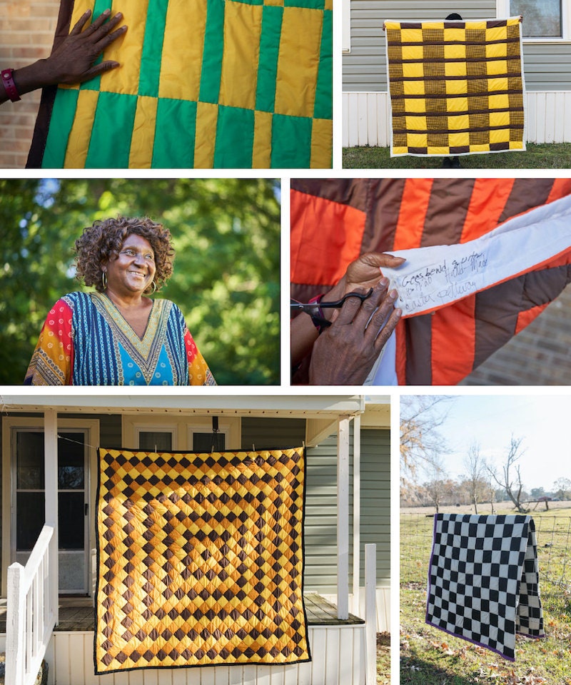 A collage of Gee's Bend quilter Caster Pettway and her quilts.