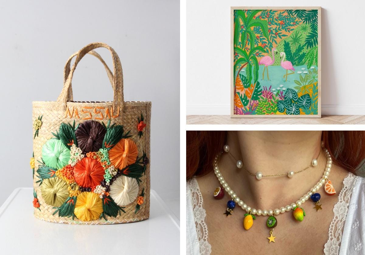 Straw bag with colorful flowers, tropical art