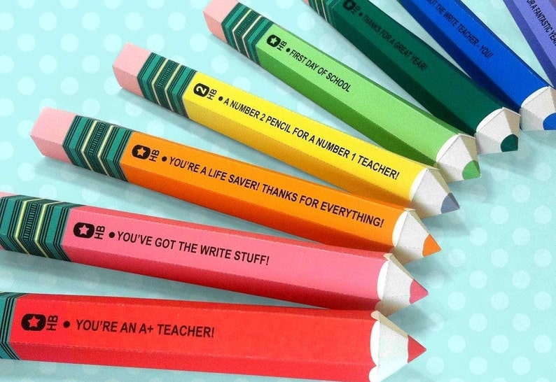 Pencil shaped gift holder for teachers from Etsy