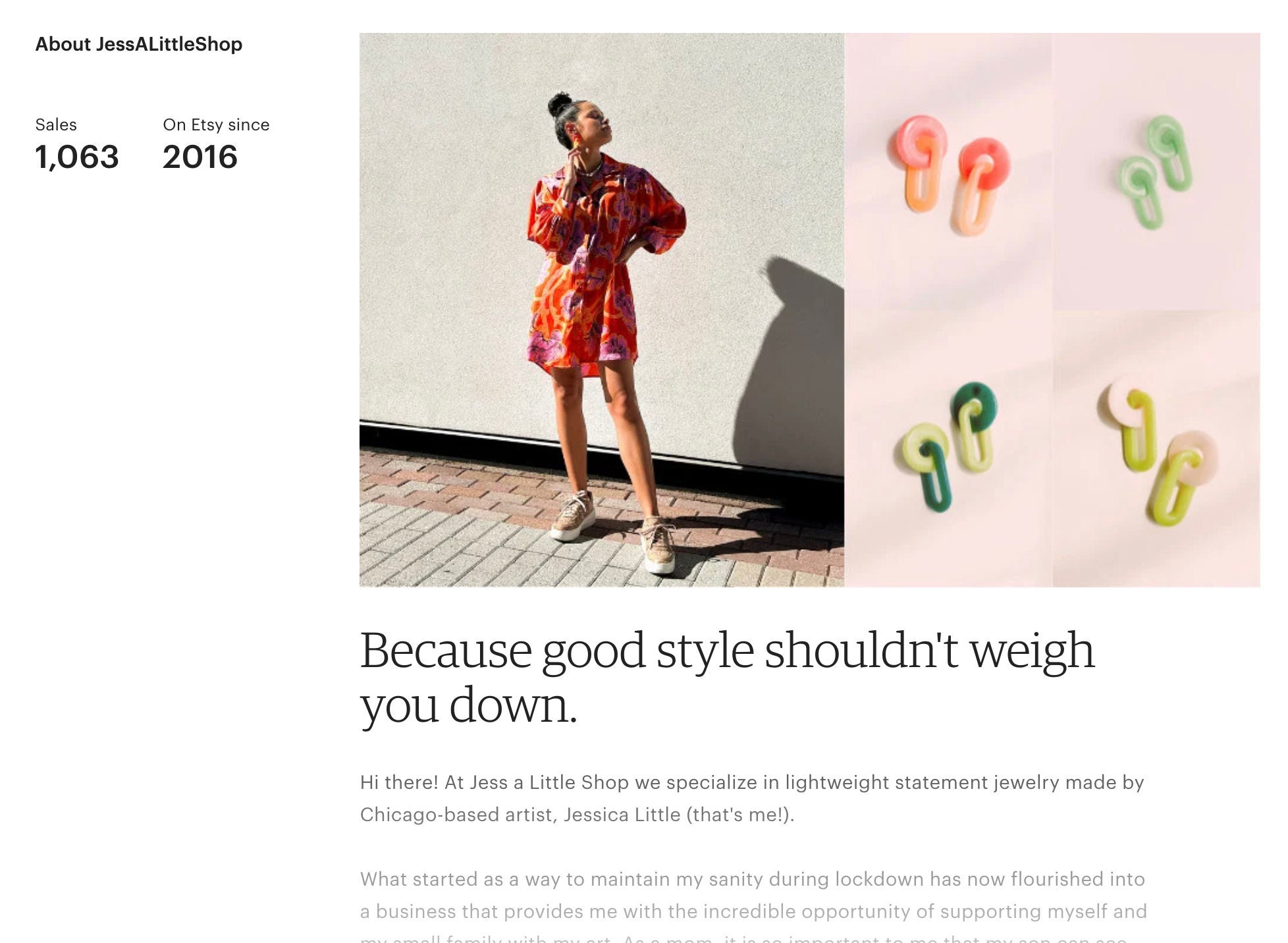 An Etsy about section showcasing a woman wearing a colorful dress with vibrant array of earrings