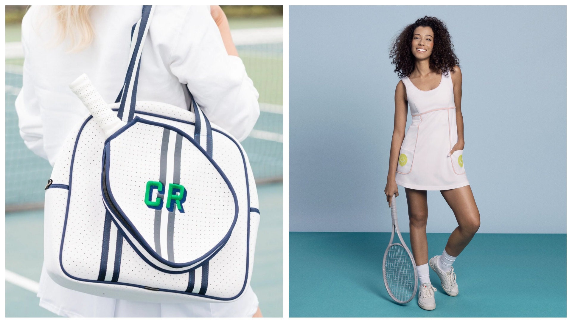 A monogrammed racket tote and a woman wearing a sports dress