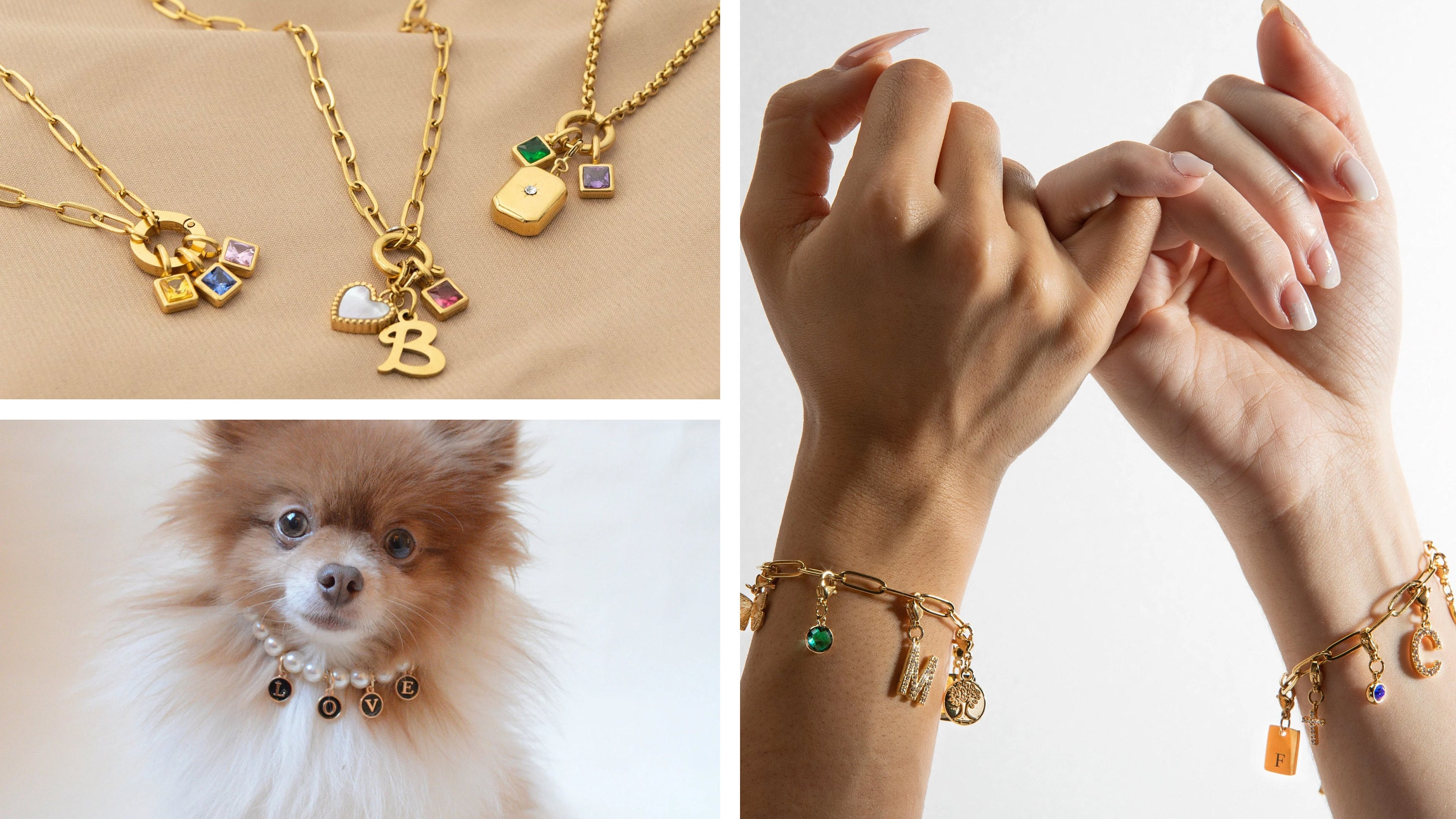 A collage of product photos featuring bejeweled accessories with charms