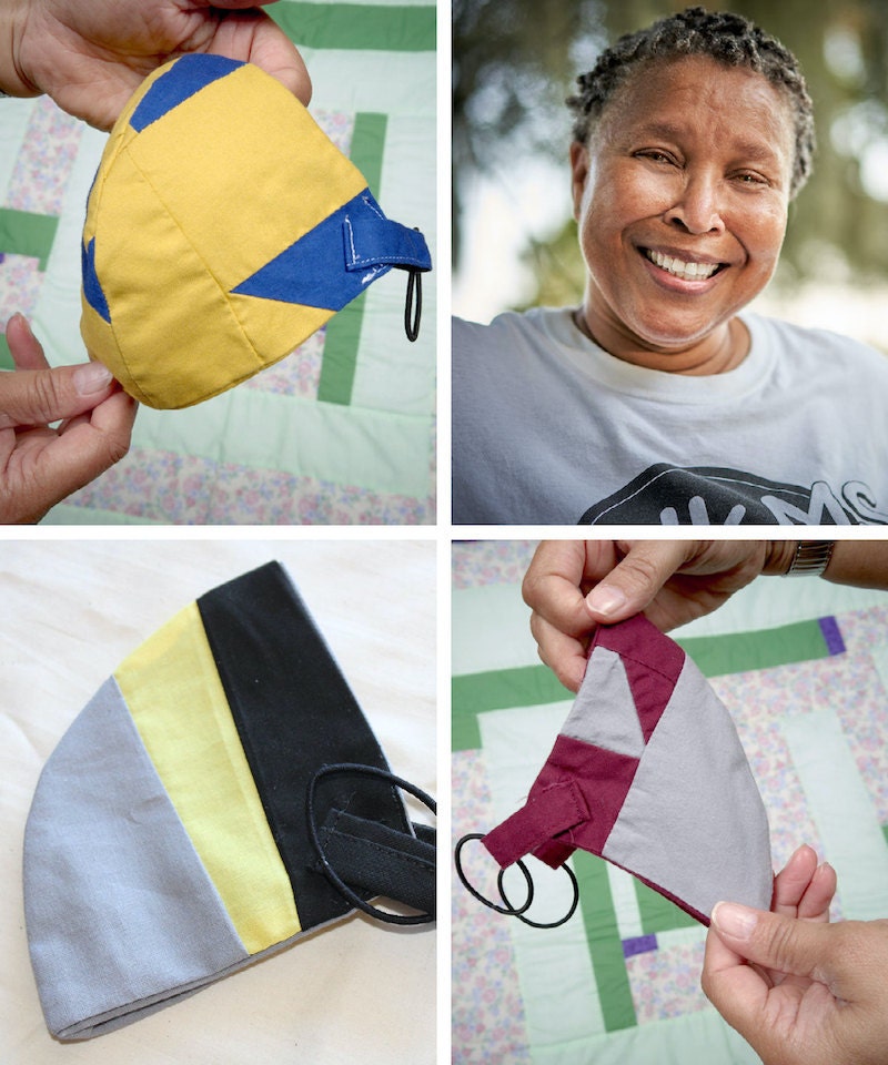 A collage of Gee's Bend quilter Loretta Pettway Bennett and her quilted masks.