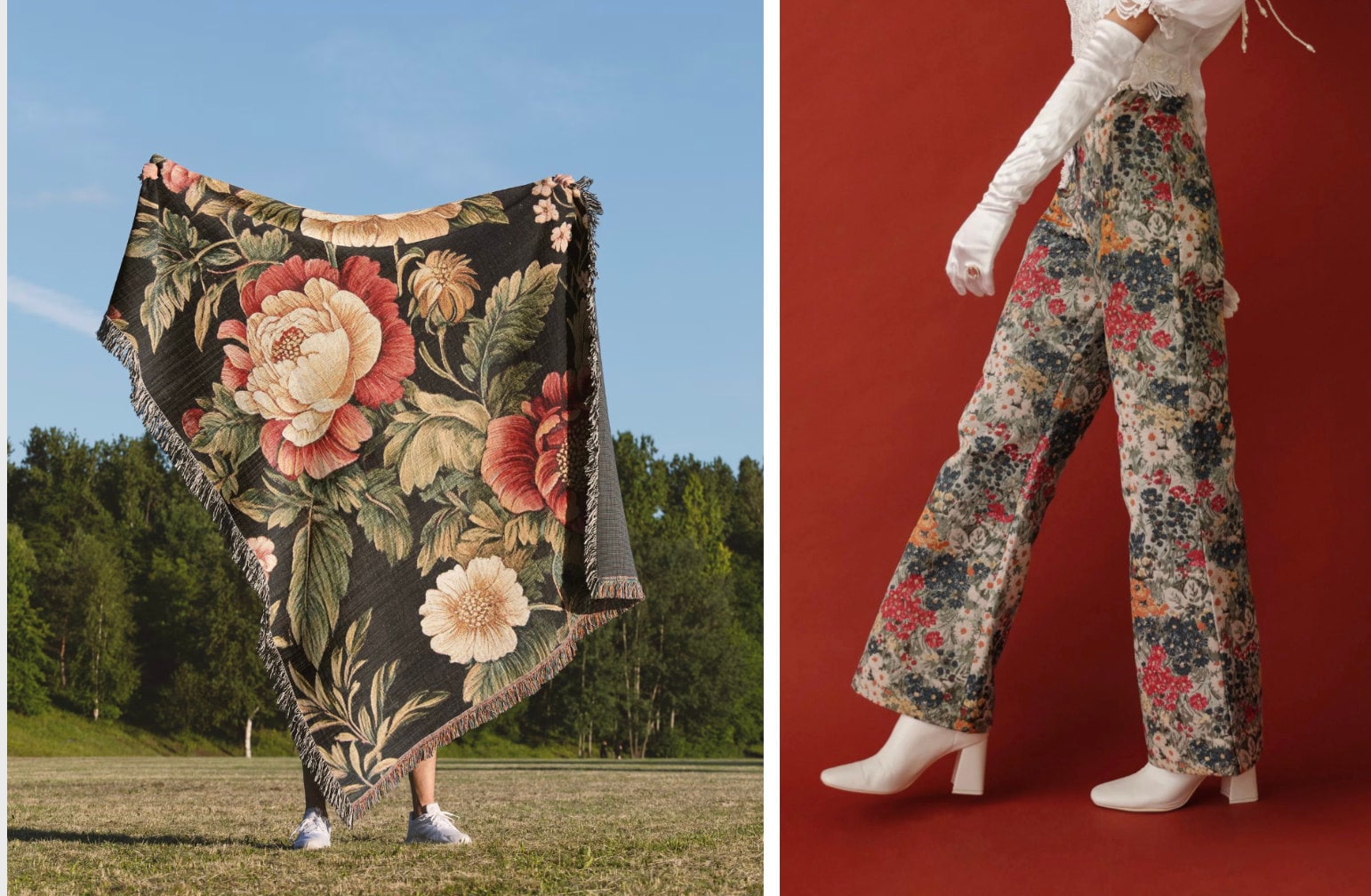 A floral blanket and floral pants on a model