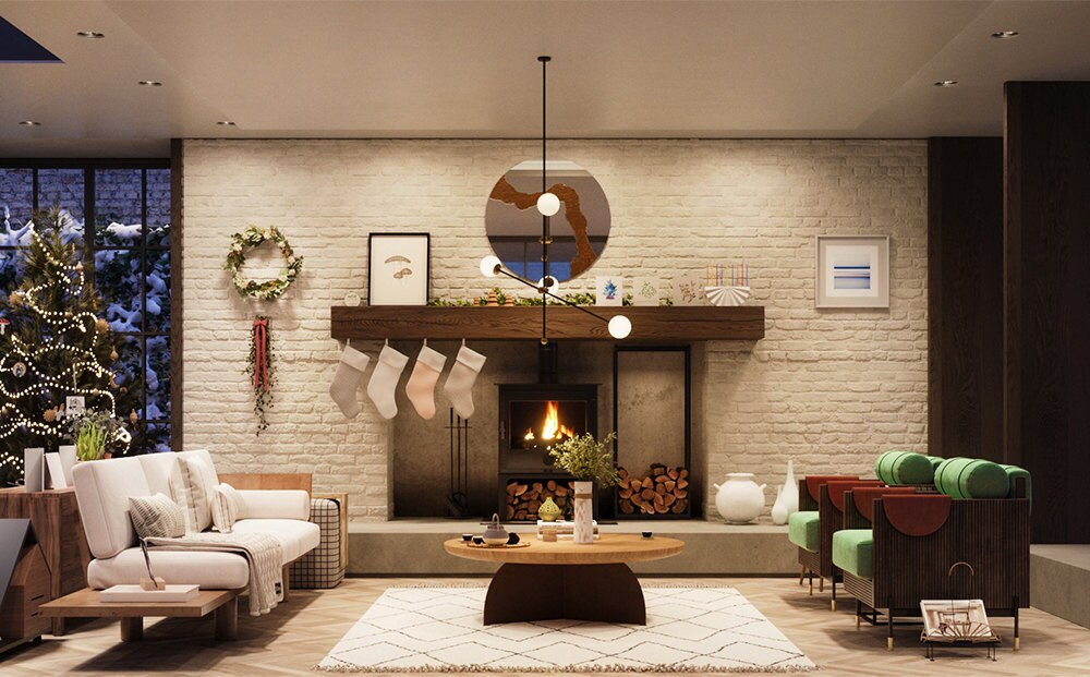 A still image of the living room in Etsy's Virtual Holiday House