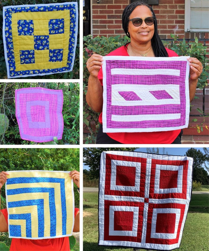 A collage of Gee's Bend quilter Cathy Michelle Mooney and her quilts.