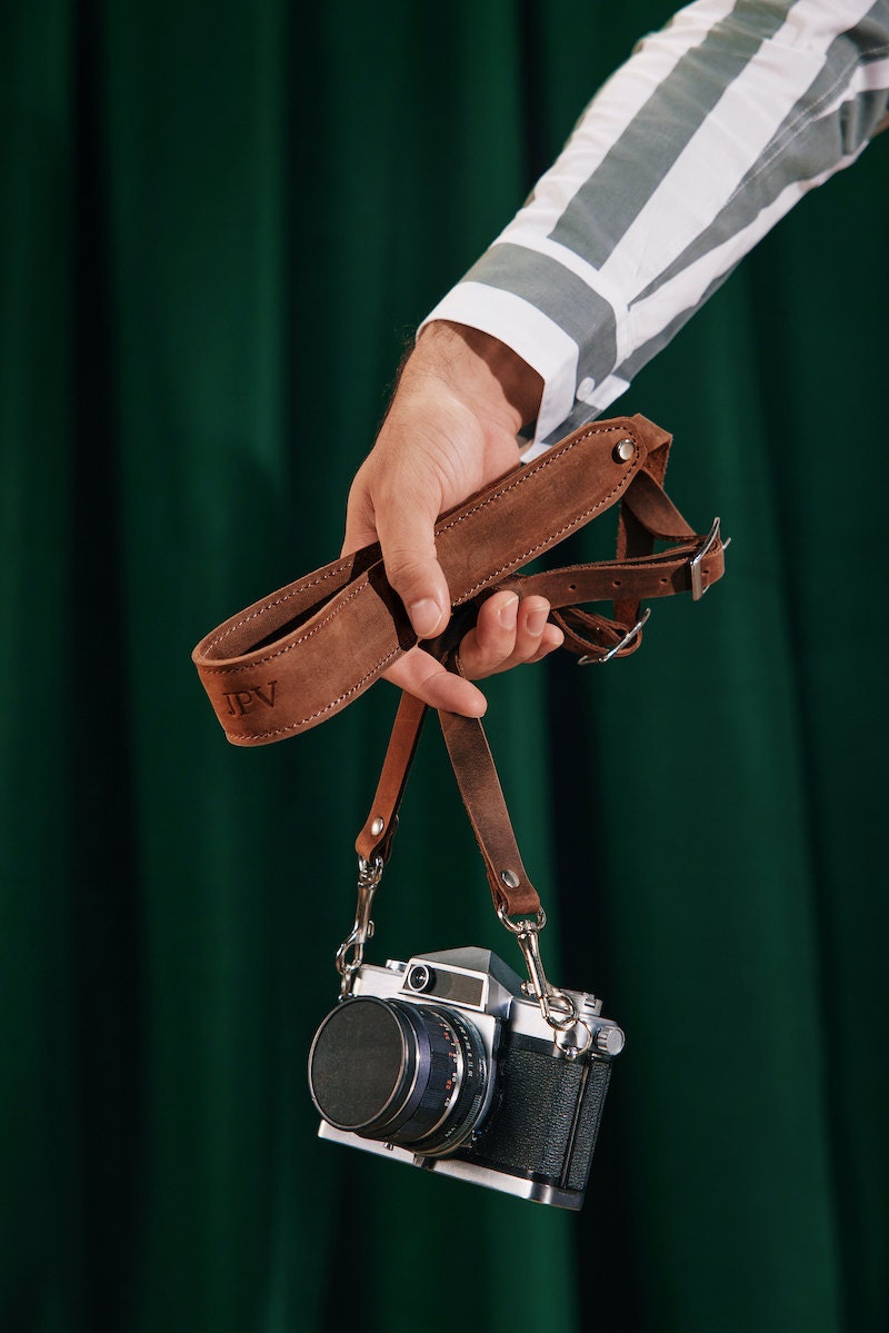 Personalized leather camera strap from Etsy