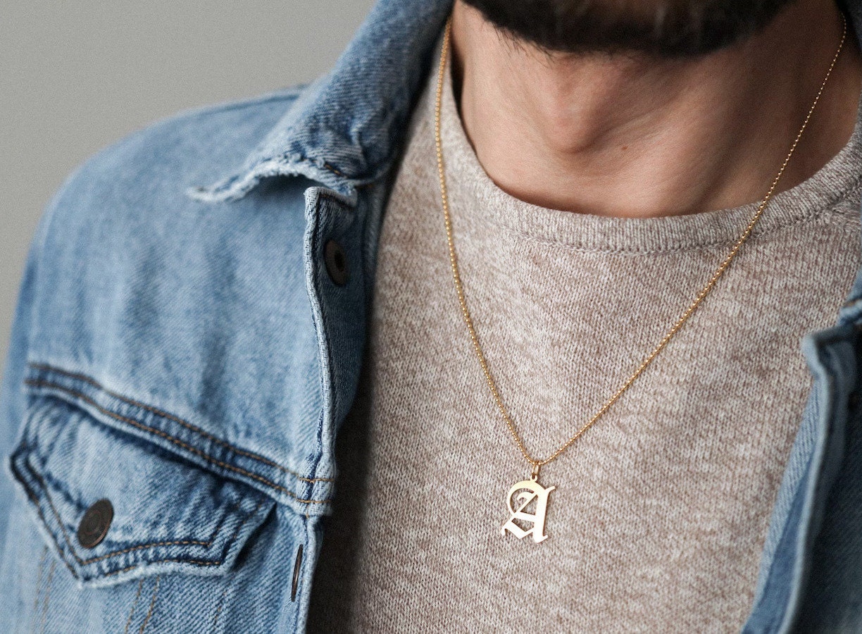 Best anniversary gifts for him: Gold Old English initial necklace from Etsy