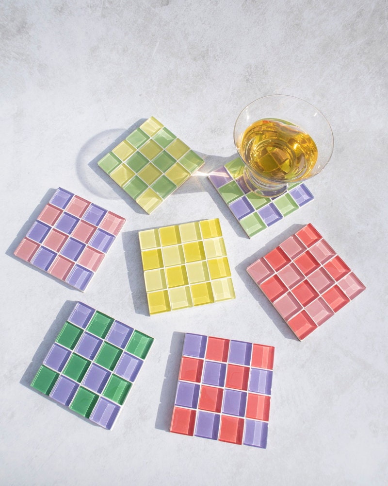 Colorful glass tile coasters from Subtle Art Studios on Etsy.