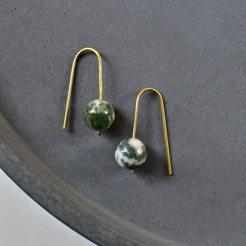 Minimalist moss agate drop earrings