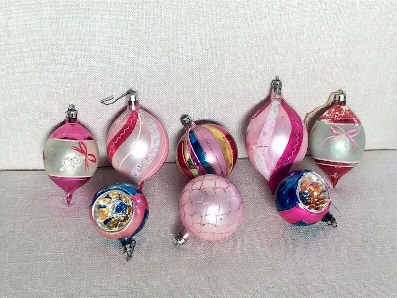 A selection of vintage pink ornaments.