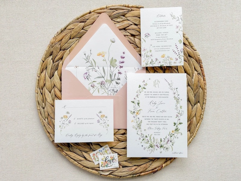 Flower wreath wedding invitations from Etsy