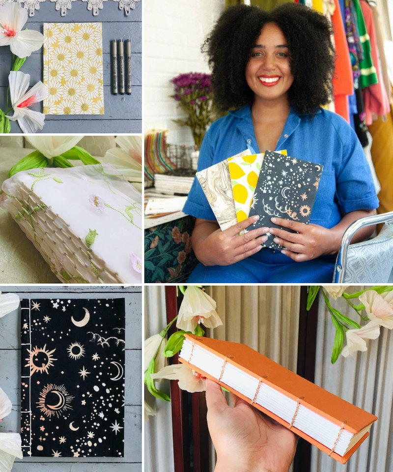 A collage of hand-bound journals from Sorrel + The Sea pictured along side a portrait of shop owner Killian Knight