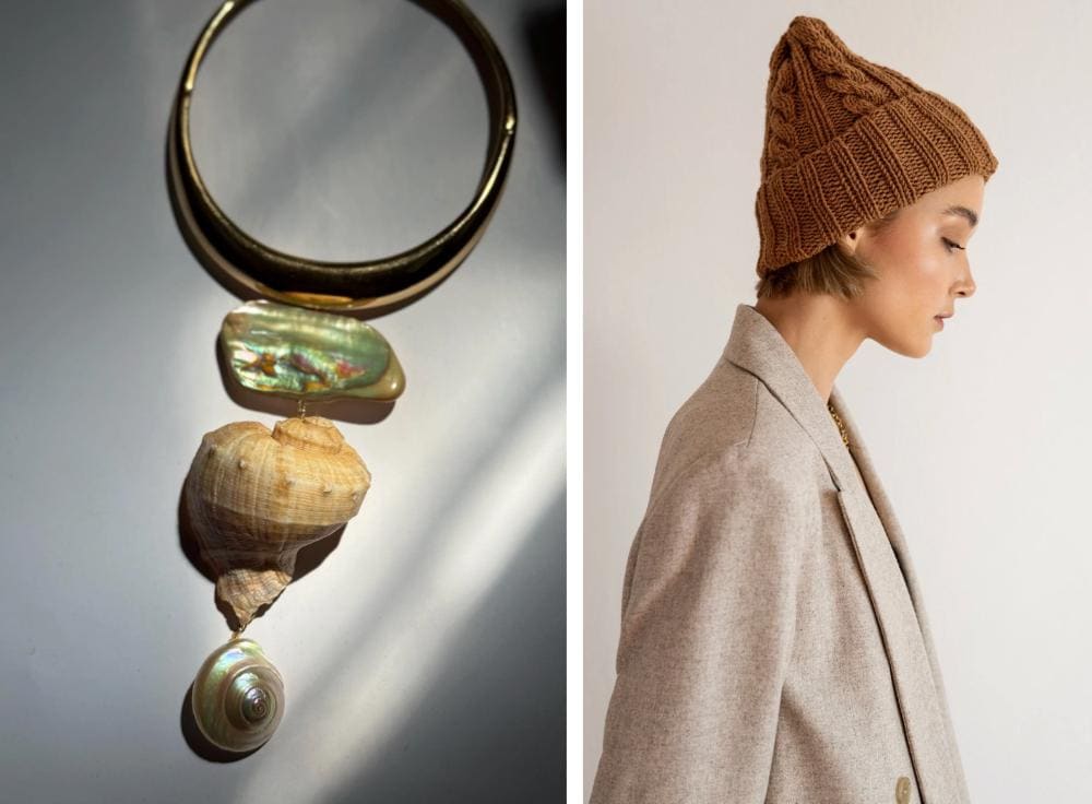 A statement necklace featuring shells and a knit cable beanie