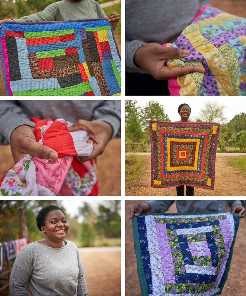 A collage of Gee's Bend quilter Kristin Pettway and her quilts.