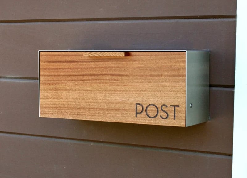 Minimalist wood and steel wall mounted mailbox