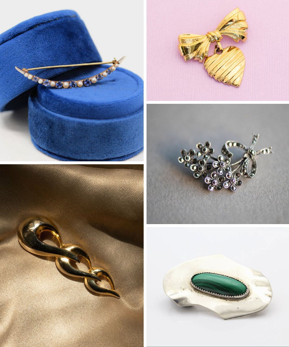 A collage of vintage brooches available on Etsy A collage of vintage brooches available on Etsy