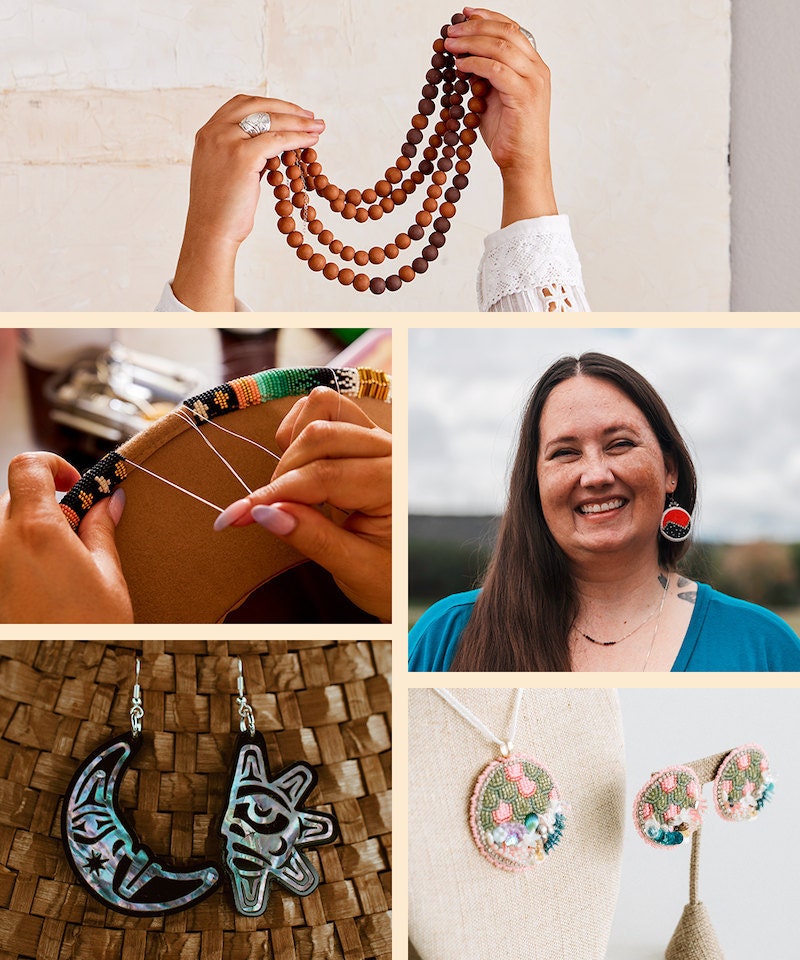 A collage of items from the Indigenous Artisans Collective, including beaded hats, necklaces, and earrings.