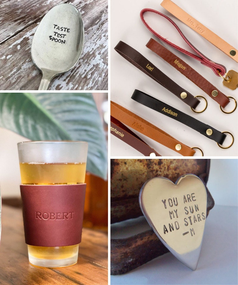 A collage of hand-stamped stocking stuffer ideas from Etsy.
