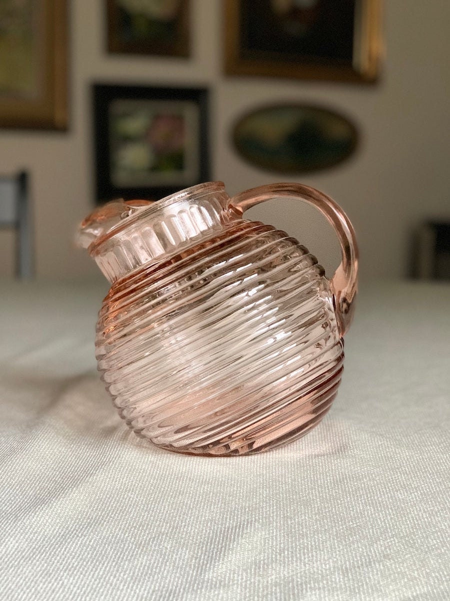 pink Depression glass pitcher from Etsy