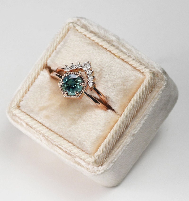 Teal sapphire ring with diamond band