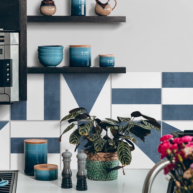 Geometric blue peel and stick backsplash tiles