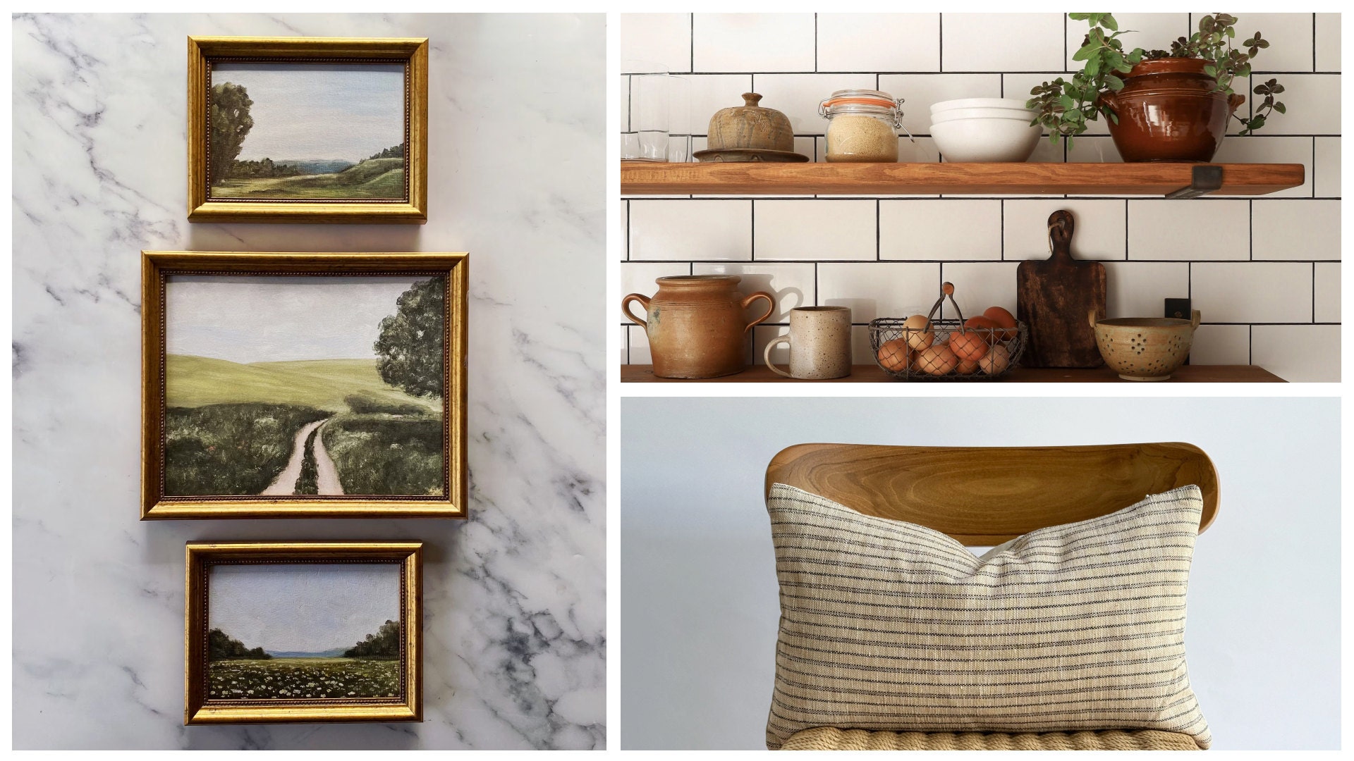 An array of gilded picture frames, floating wooden shelves in a kitchen, and a beige striped cushion