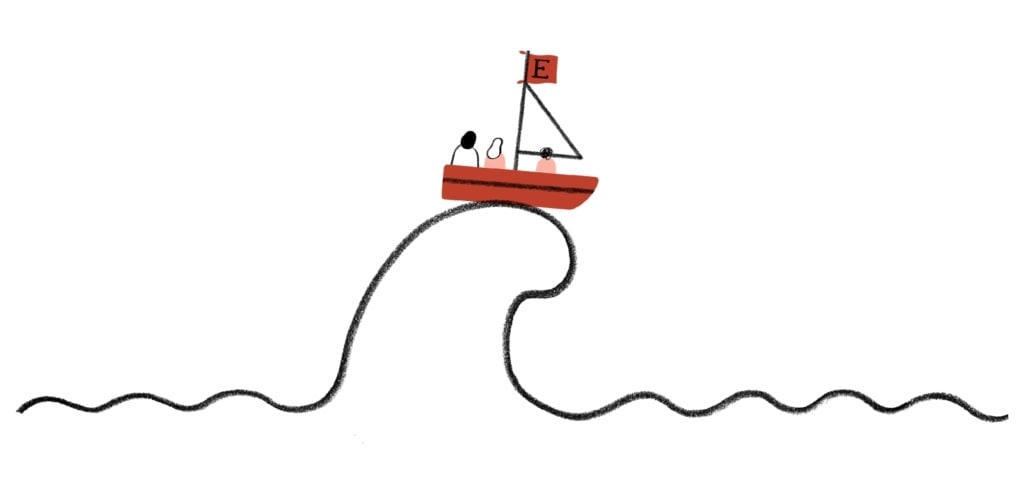 illustration of a boat on a wave. There are several people in the boat, and the boat has a flag with an