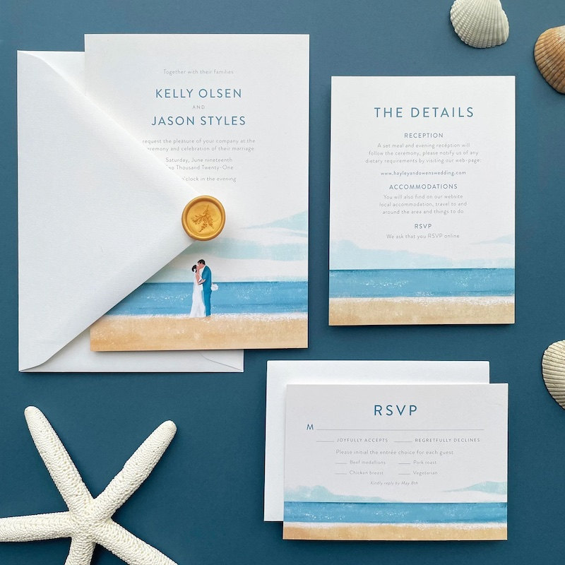 Custom illustrated beach wedding invitation suite