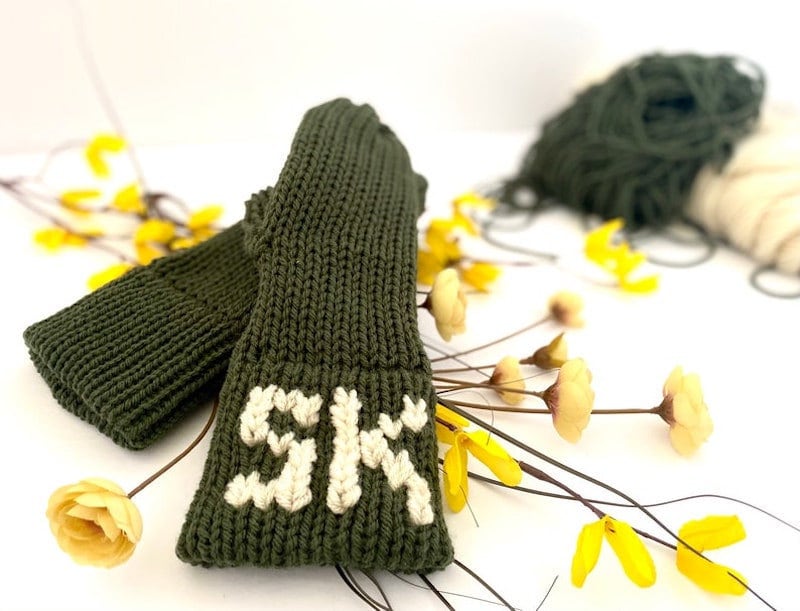 Dark green monogrammed knit mittens from Etsy