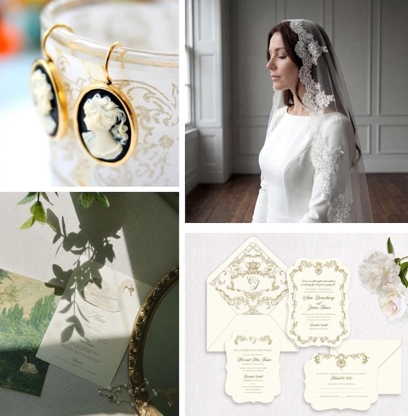 Gothic style earrings, a lace veil, swan wedding invitation, and royal-inspired wedding invitations