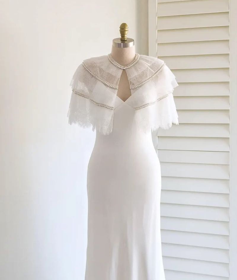 Pleated tulle trim bridal capelet