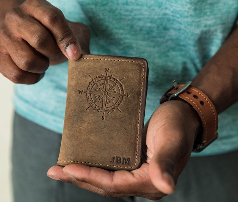 Personalized leather mens wallet with compass design and initials