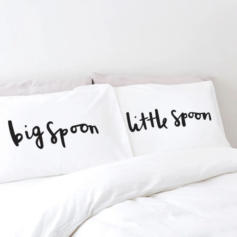 White pillow set with big spoon and little spoon script