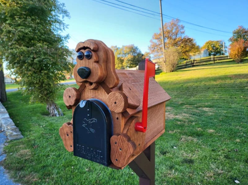 Wooden dog mailbox on Etsy