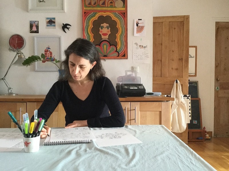 Yolande of Mademoiselleyo drawing in her studio