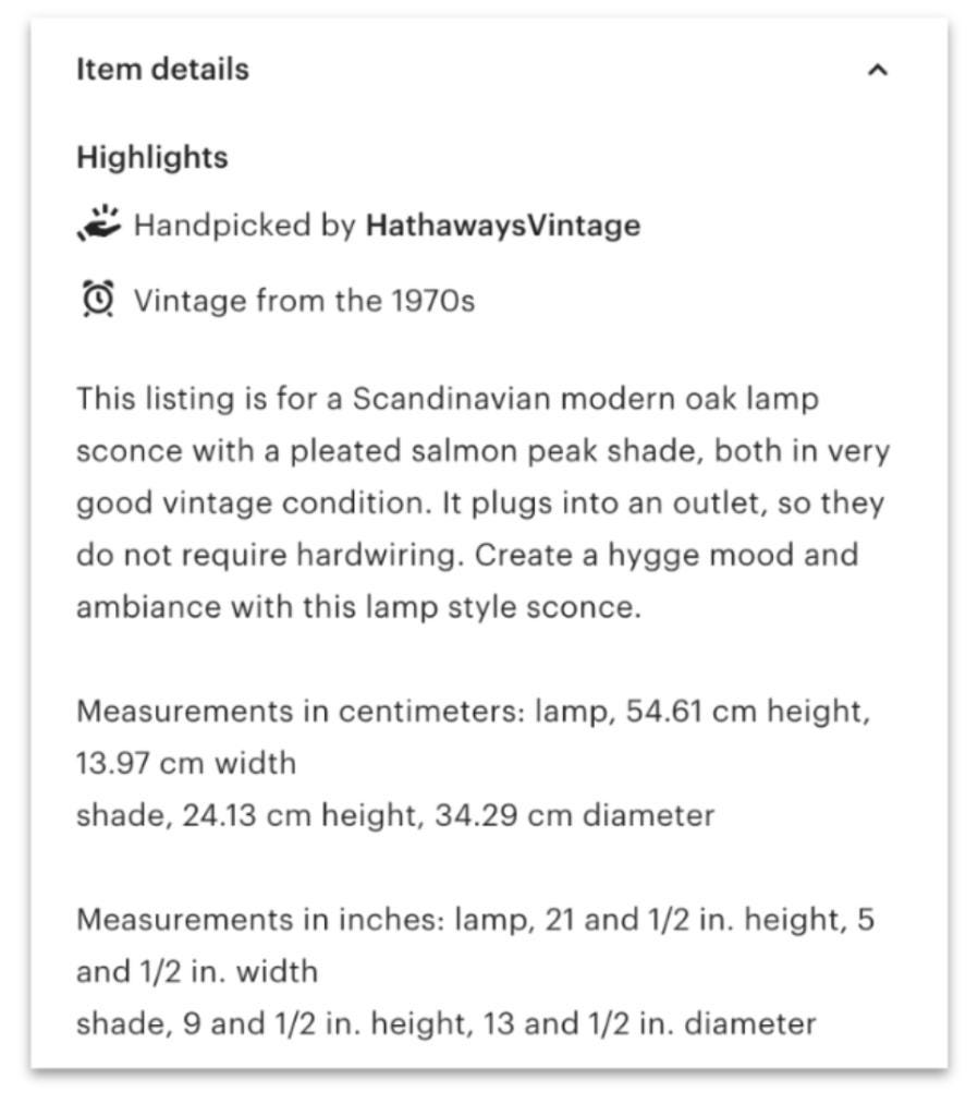 Example listing with dimensions in description