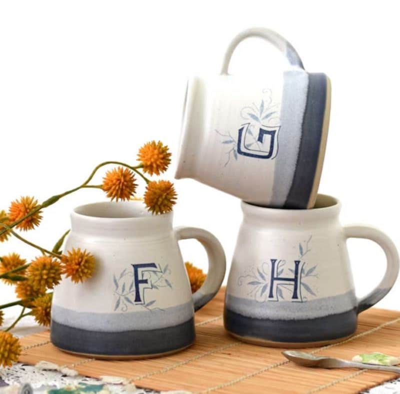 high school graduation gift idea - blue ceramic initial coffee mug